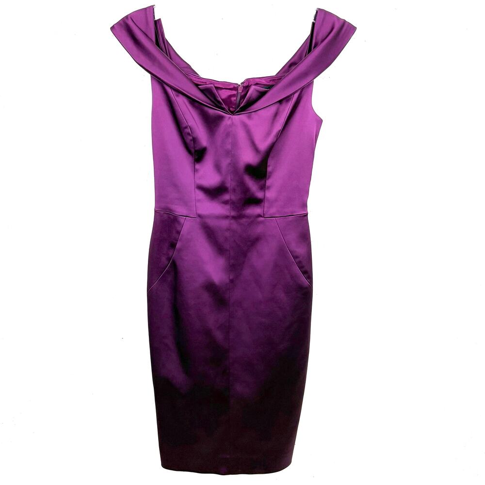 Karen Millen Womens Satin Bodycon Dress Purple Bardot Neck Back Zip Size 4
